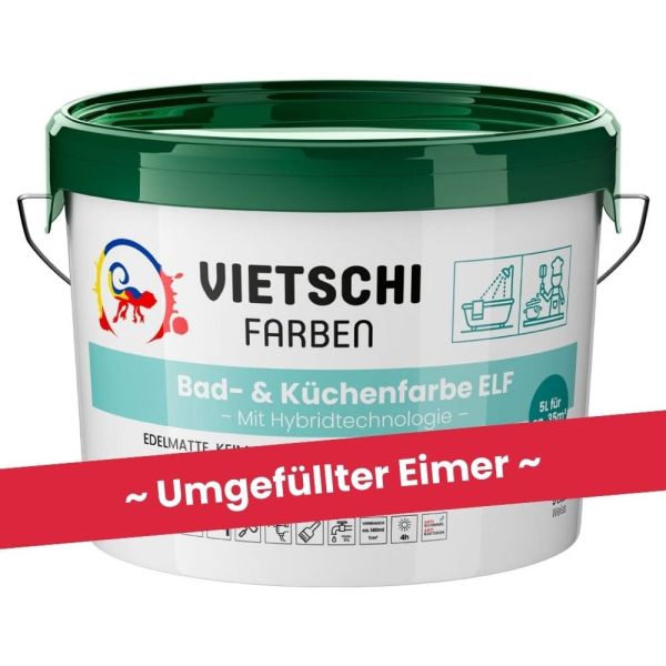 Restposten – VIETSCHI Bad- & Küchenfarbe ELF weiß – ca. 5 Liter – Umgefüllter Eimer